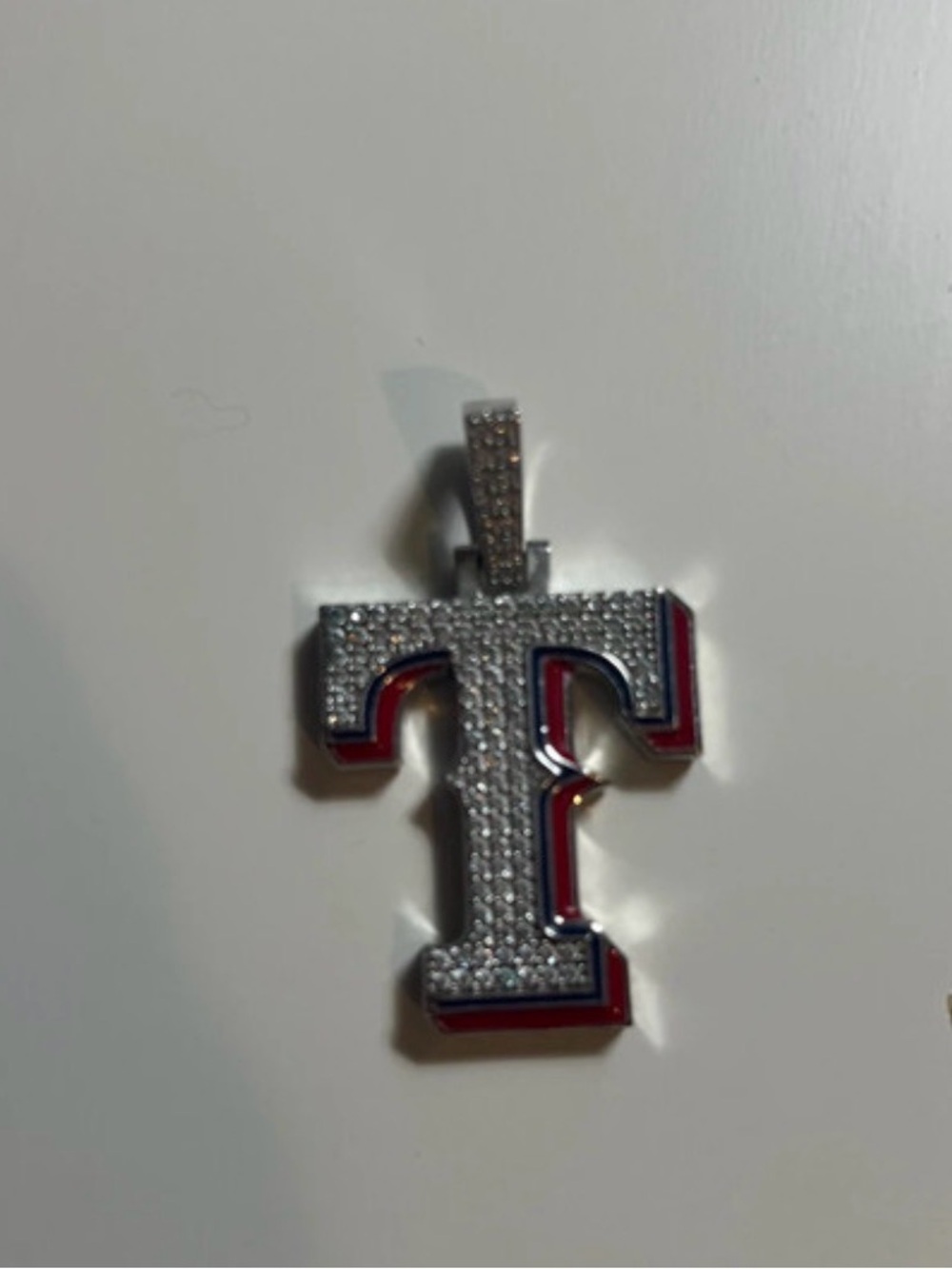 Texas Rangers Pave Crystal 'T' Pendant Necklace - Silver, Red & Blue